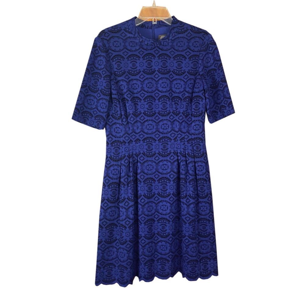 Vince Camuto Fit & Flare Dress Size 12 Blue Lace Mock Neck Scalloped Hem Pockets